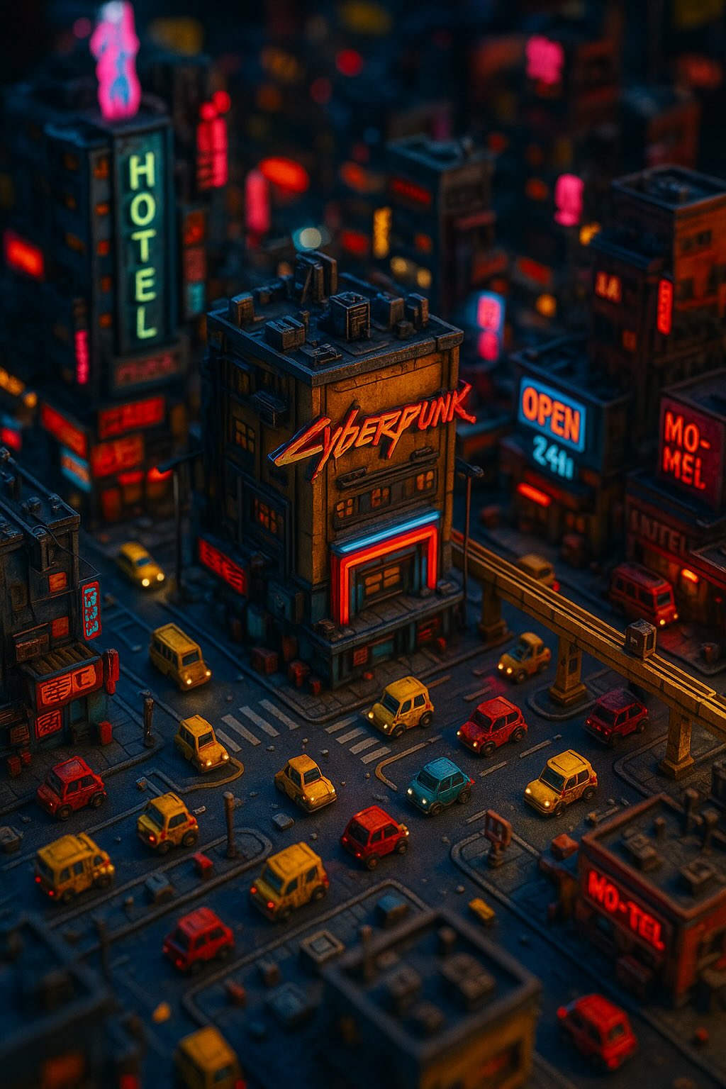 Miniature Cyberpunk Tilt-Shift Landscape